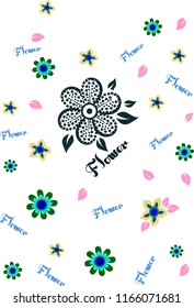 Green, yellow and black flowers with around pink leaves and blue texts design. Vector illustration.