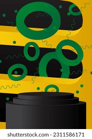 Green, yellow and black minimal geometric forms, cylinder pedestal podium. Stage showcase for presentation, mockup product display.