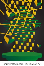 Green, yellow and black minimal geometric forms, cylinder pedestal podium. Stage showcase for presentation, mockup product display.