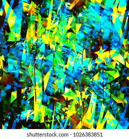 Green, yellow, blue, black colors. Grunge seamless texture from triangles and stripes. Abstract vector background for web page, banners backdrop, fabric, home decor, wrapping