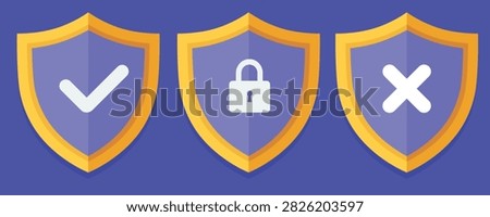 Green, yellow and blue color security shield with lock and check mark. Vector