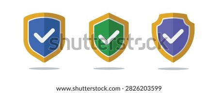 Green, yellow and blue color security shield with lock and check mark. Vector