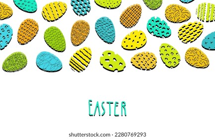 Grüne, gelbe, blaue Eier mit dem Text "Hello Oaster" auf weißem Hintergrund mit einem Muster gemalter Eier. Farbige Frühlingsflache Vektorgrafik.
