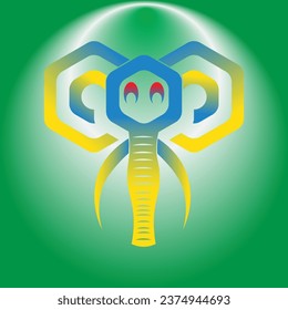 Green yellow blue elephant with green background