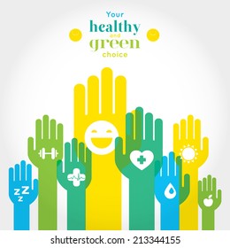 Green, yellow and blue hands with symbols of healthy lifestyle, food and sport. Vector illustration and design element