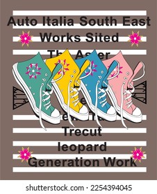 green yellow blue pink shoes black letters white line pink flowers brown background