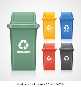 green, yellow, blue, red and black recycle bins with recycle symbol isolated on white background vector illustration