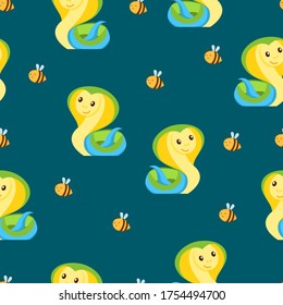 Green, yellow and blue snake and flying bees. Seamless pattern. Green background. Cartoon style. Funny and cute. African animal. Nature and ecology. Postcards, wallpaper, textile and wrapping paper