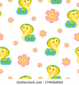 Green, yellow and blue snake and pink flowers. Seamless pattern. White background. Cartoon style. Funny and cute. African animal. Nature and ecology. Postcards, wallpaper, textile and wrapping paper