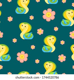 Green, yellow and blue snake and pink flowers. Seamless pattern. Green background. Cartoon style. Funny and cute. African animal. Nature and ecology. Postcards, wallpaper, textile and wrapping paper