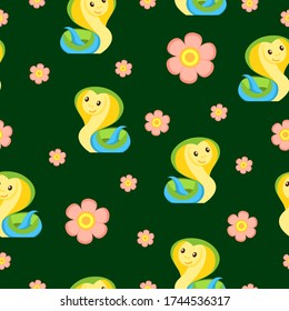 Green, yellow and blue snake and pink flowers. Seamless pattern. Green background. Cartoon style. Funny and cute. African animal. Nature and ecology. Postcards, wallpaper, textile and wrapping paper