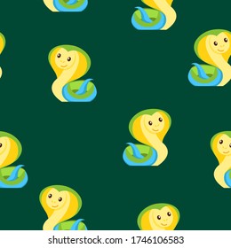 Green, yellow and blue snake. Seamless pattern. Green background. Cartoon style. Funny and cute. African and Asian animal. Nature and ecology. For postcards, wallpaper, textile and wrapping paper