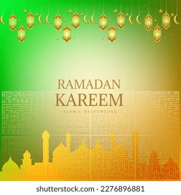 Green and yellow brown gradient abstract background decorated with lanterns and mosque mosque silhouette nice for greeting card or banner 