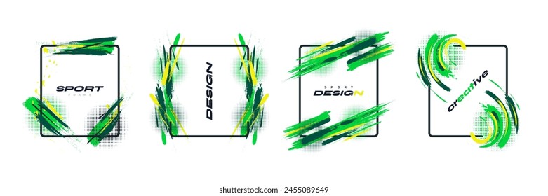 Conjunto de Plantilla de marco de fondo de pincel verde y amarillo. Diseño de pincel Abstractas con efecto semitono