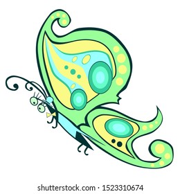 Green yellow butterfly in tailcoat and hat summer big eyes elegant dress
