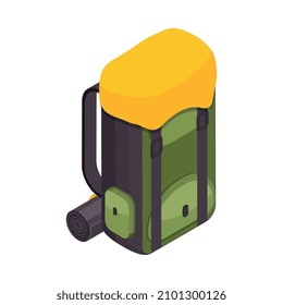 Mochila de acampada verde y amarilla con saco de dormir icono isométrico 3d ilustración vectorial