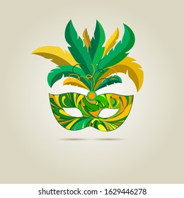 Green and yellow carnival mask with nice feathers. Vector illustration.