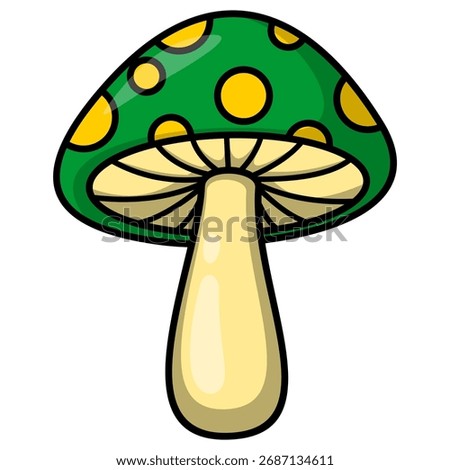 Green and Yellow Cartoon Mushroom Vector Illustration Isolated on White Background, Flat Cute Toadstool Icon for Game Design, Nature, Food Logo, Kids Education, and Fantasy Graphic Elements