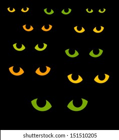 Green and yellow cat eyes in darkness. Vector illustration