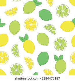 Green and yellow citrus seamless pattern of lime and lemon on transparent background