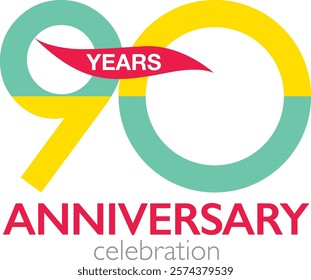 green and yellow color number 90 with word year white color and word anniversary red color at the bottom.