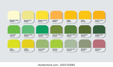 Paleta de colores verde y amarillo, Paleta de guía de colores verde y amarillo con nombres de colores. Muestras de Catálogo de verde y amarillo con códigos RGB HEX y nombres. Pintura, Naturaleza, Plástico, Colores de moda