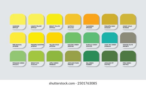 Green and Yellow Color Palette, Green and Yellow Color Guide Palette with Color Names. Catalog Samples of Green and Yellow with RGB HEX codes and Names. Paint, Nature, Plastic, Fashion Trend Colors