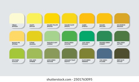 Green and Yellow Color Palette, Green and Yellow Color Guide Palette with Color Names. Catalog Samples of Green and Yellow with RGB HEX codes and Names. Paint, Nature, Plastic, Fashion Trend Colors