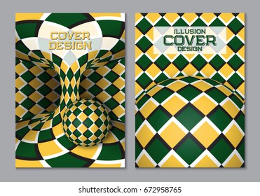 Green yellow color scheme book cover design template with optical motion illusion elements.