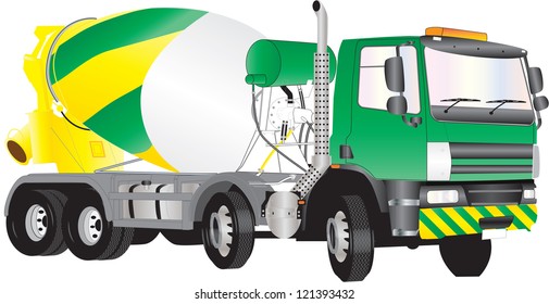 A Green and Yellow Concrete Mixer Truck isolated on white