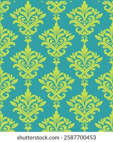 Green and yellow damask seamless pattern, vector illustration elegant for textile design, wall paper, bedding, cushion, curtain, rug, upholstery fabric, decoration, interior, vintage, luxury design