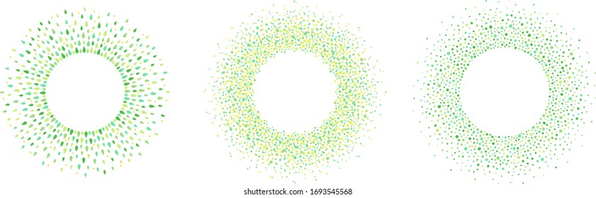 Green and yellow dots, leaves round frames set. Spring, summer templates. Circle, ring made of  blobs, uneven spots, chaotic specks, splashes, spray, splatter. Eco, vegan, nature dotty background. 