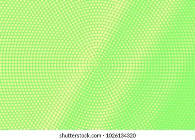 Green yellow dotted halftone. Diagonal radial dotted gradient. Half tone vector background. Abstract vivid texture. Yellow ink dot on green backdrop. Modern pop art design template. Halftone texture