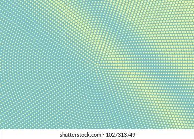 Green yellow dotted halftone. Diagonal centered dotted gradient. Half tone vector background. Artificial texture. Yellow dots on cyan backdrop. Pastel pop art design template. Glitch halftone texture