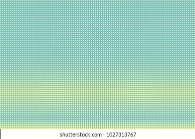 Green yellow dotted halftone. Horizontal contras dotted gradient. Half tone vector background. Artificial texture. Yellow dots on cyan backdrop. Pastel pop art design template. Glitch halftone texture