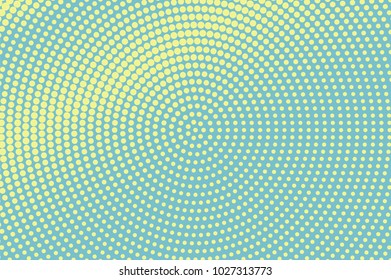 Green yellow dotted halftone. Radial rough dotted gradient. Half tone vector background. Artificial texture. Yellow dots on cyan backdrop. Pastel pop art design template. Glitch halftone texture