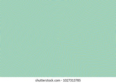 Green yellow dotted halftone. Radial subtle dotted pattern. Half tone vector background. Artificial texture. Yellow dots on cyan backdrop. Pastel pop art design template. Glitch halftone texture