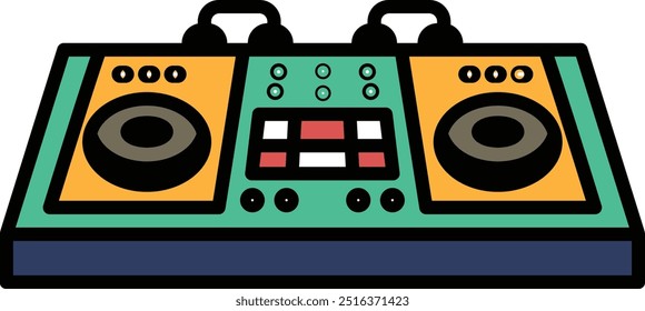 A green and yellow electronic device with buttons and a screen. It is a DJ controller. The controller is colorful and has a cartoonish appearance