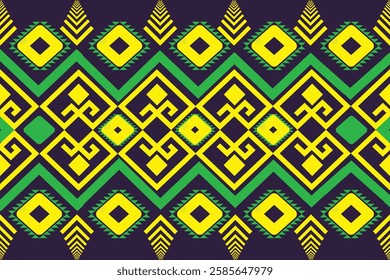 Green and yellow ethnic abstract beautiful art Ikat seamless pattern in tribal folk embroidery maxi an style African Indonesian design 
