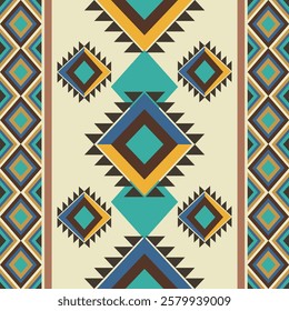 Green and yellow ethnic boho seamless pattern. Tribal pattern. Folk motif. Navajo, or native American pattern. Design for textiles and home decoration.