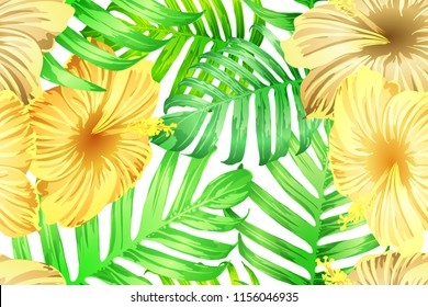 Green yellow exotic pattern. Monstera leaves and hibiscus flowers in summer print.  Hawaiian t-shirt and swimwear tile.  Horizontal romantic wild vector exotic tile. Bonny spring botanical design.