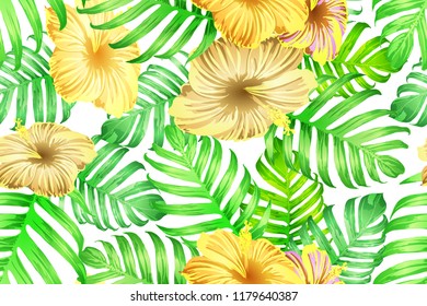 Green yellow exotic pattern. Monstera leaves and hibiscus flowers in summer print.  Hawaiian t-shirt and swimwear tile.  Horizontal romantic wild vector exotic tile. Hypernatural botanic design.