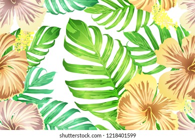 Green yellow exotic pattern. Monstera and hibiscus flowers tropical bouquet.  Saturated large floral swimwear print. Horizontal california natural texture design. Hypernatural botanic design.