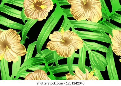 Green yellow exotic pattern. Monstera and hibiscus flowers tropical bouquet.  Saturated large floral swimwear print. Horizontal california natural texture design. Bonny spring botanical design.