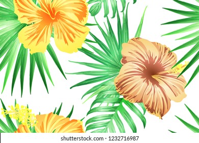 Green yellow exotic pattern. Monstera and hibiscus flowers tropical bouquet.  Saturated large floral swimwear print. Horizontal california natural texture design. Bonny spring botanical design.