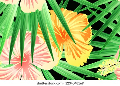Green yellow exotic pattern. Monstera and hibiscus flowers tropical bouquet.  Saturated large floral swimwear print. Horizontal california natural texture design. Hypernatural botanic design.