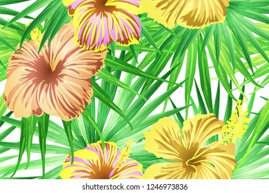 Green yellow exotic pattern. Monstera and hibiscus flowers tropical bouquet.  Saturated large floral swimwear print. Horizontal california natural texture design. Hypernatural botanic design.