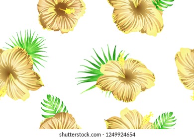Green yellow exotic pattern. Monstera and hibiscus flowers tropical bouquet.  Saturated large floral swimwear print. Horizontal romantic wild vector exotic tile. Bonny spring botanical design.