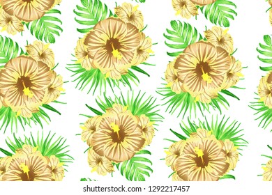 Green yellow exotic pattern. Monstera leaves and hibiscus flowers in summer print.  Saturated large floral swimwear print. Horizontal romantic wild vector exotic tile. Bonny spring botanical design.