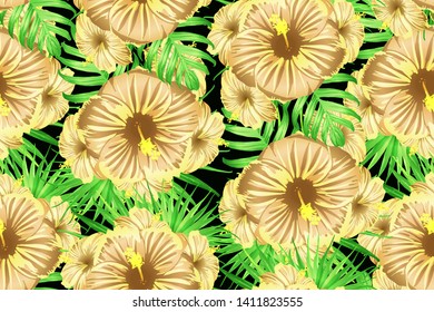 Green yellow exotic pattern. Monstera and hibiscus flowers tropical bouquet.  Saturated large floral swimwear print. Horizontal romantic wild vector exotic tile. Bonny spring botanical design.